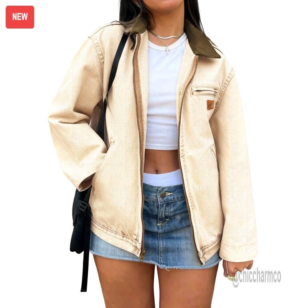 Long Sleeve Denim Jacket Zipper Front Casual Fit Barn Style